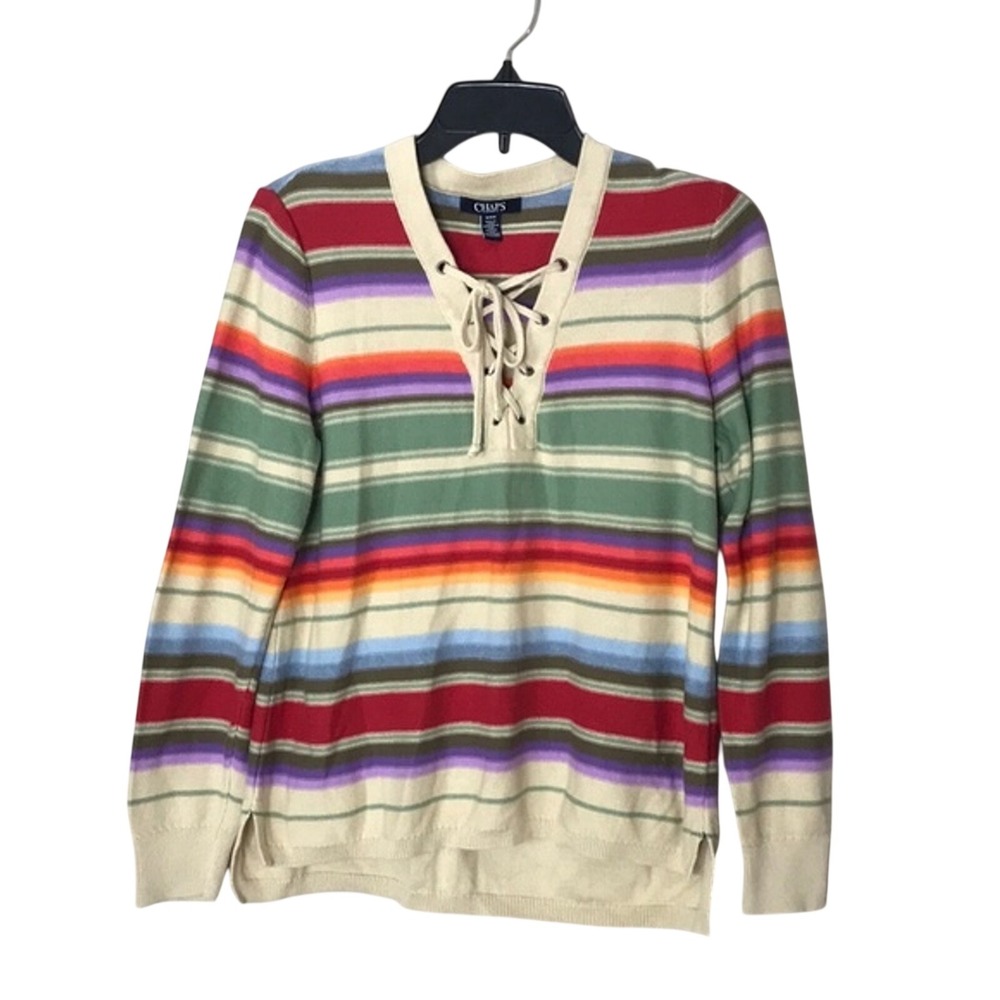 Chaps Women's Basketweave Stitch Lace Up Cotton Top‎ Multi Color Striped Medium